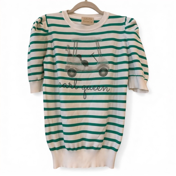 Judith March Cart Queen Golf Sweater Green White Striped Puff Sleeve Small - Picture 12 of 15